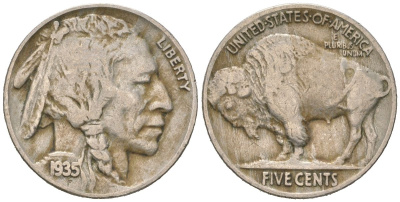 США 5 центов 1935 индеец, бизон KM 134 медно-никель 4614-1211