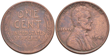 США 1 ЦЕНТ 1949 ЛИНКОЛЬН KM А132 медь цинк 3309-548