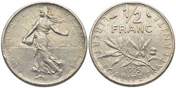 Франция 1/2 франка 1965 сеятель KM 931, Le Franc 198.3 никель 175-922
