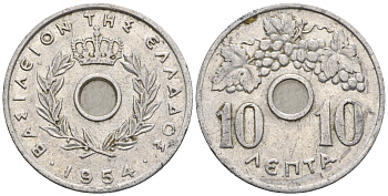 Греция 10 лепта 1954 Павел I (1947-1964), виноградная лоза KM 78 алюминий 87-312