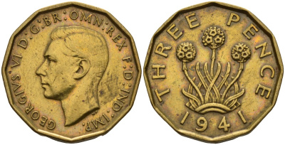 Великобритания 3 пенса 1941 Георг VI (1936-1952) KM 849, Spink 4112 никель латунь 4143-624