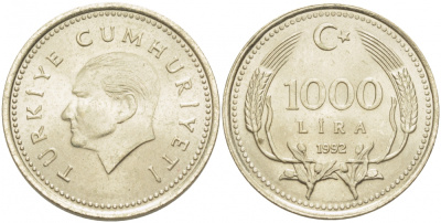 Турция 1000 лир 1992 Кемаль Ататюрк 1992 KM 997 медь никель цинк 4402-1036