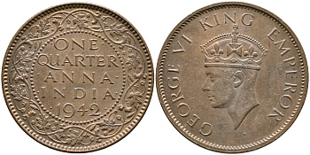 Британская Индия 1/4 анна 1942 Георг VI (1937-1952) KM 531 бронза aUNC 4110-1115