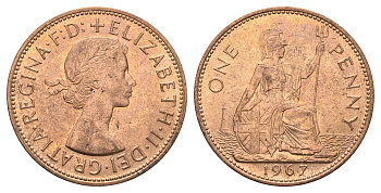 Великобритания 1 пенни 1967 Елизавета II (1952-2022) KM 897, Spink 4157 бронза UNC 4661-1014