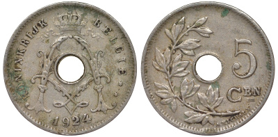 Бельгия 5 сантимов 1924 Belgie KM 67 медно-никель 4164-267