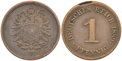 ГЕРМАНИЯ 1 ПФЕННИГ 1889 F, СТАРОГЕРБОВКА KM 1, J. 1, Weege 1 медь 211-526
