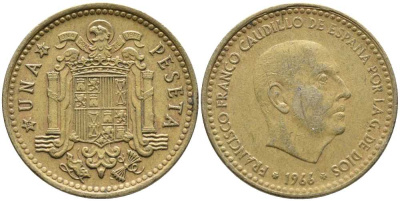 ИСПАНИЯ 1 ПЕСЕТА 1966 (71) ФРАНСИСКО ФРАНКО ДИКТАТОР ИСПАНИИ (1939-1975) KM 796 алюминиевая бронза 110-1231