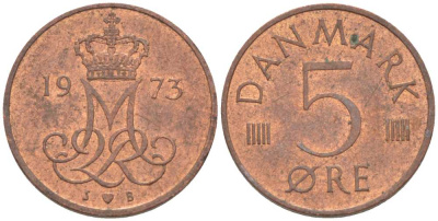 Дания 5 эре 1973 S; B, Маргрете II (1972- ) KM 859.1 железо плакированное медью 4392-126