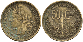 Камерун 50 сантимов 1926 (a), мондвор Париж KM 1 алюминиевая бронза 4164-1259