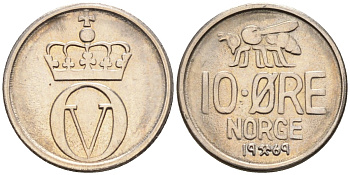 Норвегия 10 эре 1969 пчела, Улаф V (1958-1991) KM 411 медно-никель UNC 4580-965