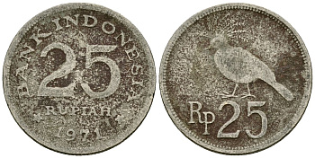 Индонезия 25 рупий 1971 венценосный голубь KM 34 медно-никель 4136-1042