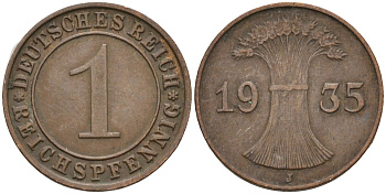 Германия 1 рейхспфенниг 1935 J KM 37, J. 313, Weege 2 бронза 4516-714