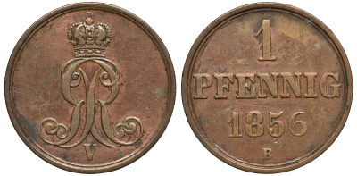 Ганновер 1 пфенниг 1856 B, Георг V KM 221, AKS 155, J. 83 медь 4594-166