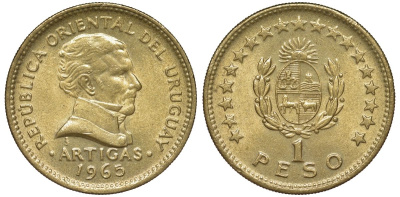 Уругвай 1 песо 1965 KM 46 алюминиевая бронза 106-944