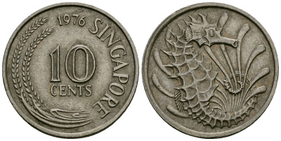 Сингапур 10 центов 1976 морской конёк KM 31 медно-никель 4136-761