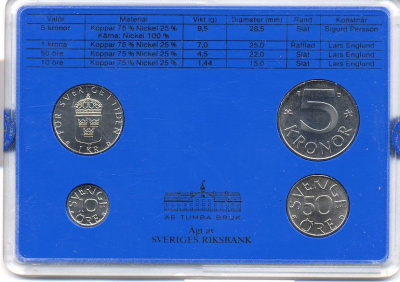 Швеция набор монетного двора из 4 монет 1987 в пластике, Карл XVI Густав (1973- ) KM MS43 UNC 4-3-7-153