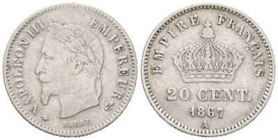 Франция 20 сантимов 1867 A, Наполеон III (1852-1870) KM 808.1 серебро 4617-744