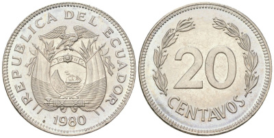 Эквадор 20 сентаво 1980 KM 77.2a сталь плакированная никелем aUNC 4611-716