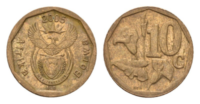 ЮАР 10 центов 2005 герб, цветок алоэ, год-тип KM 292 сталь плакированная бронзой 4687-425