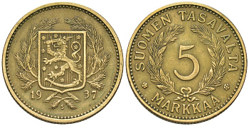 Финляндия 5 марок 1937 S KM 31 алюминиевая бронза 4589-1251