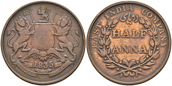 Британская Индия 1/2 анна 1835 M, Британская Ост-Индская компания, Мадрас, диаметр 30,8 мм. KM 447.1 медь 88-926