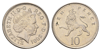 Великобритания 10 пенсов 2001 Елизавета II (1952-2022) KM 989, Spink 4650 (F5) медно-никель 186-554