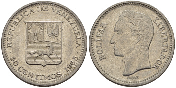 Венесуэла 50 сентимо 1965 Симон Боливар KM 41, Schon 51 никель 66-937