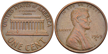 США 1 ЦЕНТ 1969 D, ЛИНКОЛЬН KM 201 медь цинк 86-225