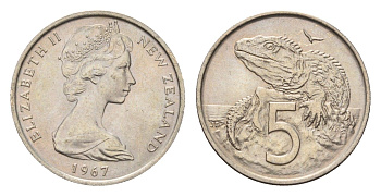 Новая Зеландия 5 центов 1967 Елизавета II (1952-2022), ящерица гаттерия KM 34 медно-никель UNC 4669-619