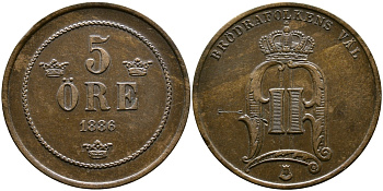 Швеция 5 эре 1886 Оскар II (1872-1907) король Швеции и Норвегии KM 736 бронза 53-342