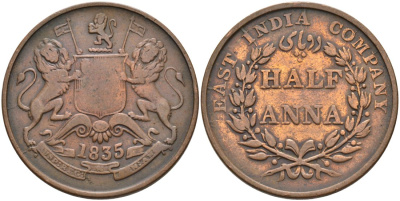 Британская Индия 1/2 анна 1835 M, Британская Ост-Индская компания, Мадрас, диаметр 30,8 мм. KM 447.1 медь 88-926