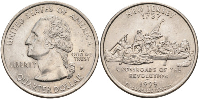 США 25 центов = квотер 1999 Р, серия штаты США, Нью-Джерси KM 295 медь плакированная медно-никелем 4586-111