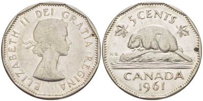 Канада 5 центов 1961 Елизавета II (1952-), бобр KM 50а никель 86-637