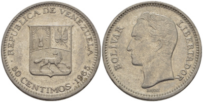 Венесуэла 50 сентимо 1965 Симон Боливар KM 41, Schon 51 никель 66-937