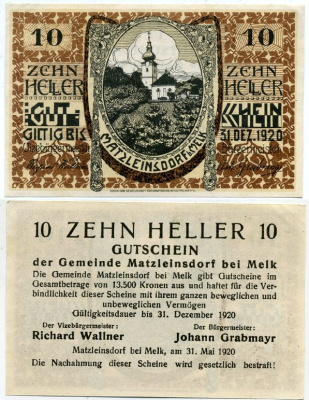 Австрия, Матцлейнсдорф (Мельк) 10 геллеров 1920 нотгельд бумага UNC 444-139-1