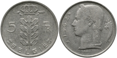 БЕЛЬГИЯ 5 ФРАНКОВ 1962 BELGIE KM 135.1 медно-никель 98-541
