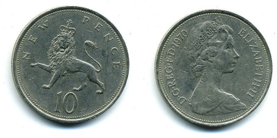 Великобритания 10 пенсов 1970 Елизавета II (1952-2022) KM 912, Spink 4231 (F1) медно-никель  4110-1241