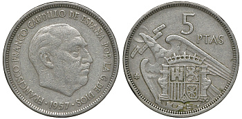 ИСПАНИЯ 5 ПЕСЕТ 1957 (68) ФРАНСИСКО ФРАНКО ДИКТАТОР ИСПАНИИ (1939-1975) KM 786 медно-никель 72-1441