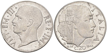 ИТАЛИЯ 20 ЧЕНТЕЗИМО 1941 R, ГОД XIX, ВИКТОР ЭММАНУИЛ III (1900-1946) KM 75b, VEM3. 1028 нержавеющая сталь 3853-954