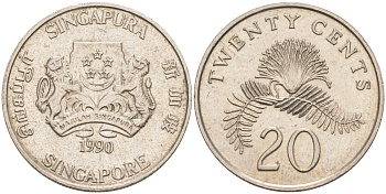 Сингапур 20 центов 1990 KM 52 медно-никель 113-315