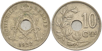 БЕЛЬГИЯ 10 САНТИМОВ 1922 BELGIE KM 86 медно-никель 4544-1216