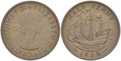 Великобритания 1/2 пенни 1958 Елизавета II (1952-2022) KM 896, Spink 4158 бронза 4544-115