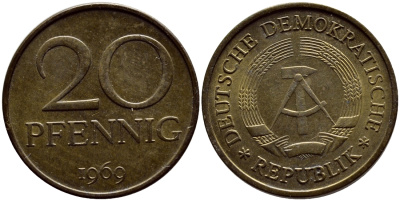 ГДР 20 пфеннигов 1969 А, первый год KM 11 латунь UNC 4398-1127