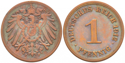ГЕРМАНИЯ 1 ПФЕННИГ 1912 F KM 10, J 10 медь 3718-164