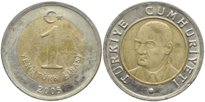 Турция 1 лира 2005 Кемаль Ататюрк KM 1169 биметалл 4397-241