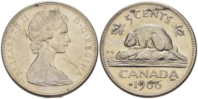 Канада 5 центов 1966 Елизавета II (1952-2022), бобер KM 60.1 никель 67-525