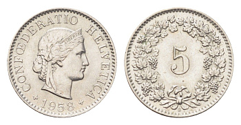 Швейцария 5 раппенов 1958 B KM 26 медно-никель 4705-1251