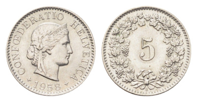 Швейцария 5 раппенов 1958 B KM 26 медно-никель 4705-1251