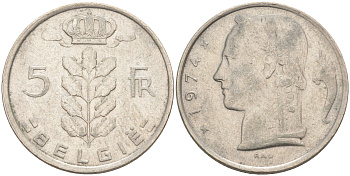 БЕЛЬГИЯ 5 ФРАНКОВ 1974 BELGIE KM 135.1 медно-никель 106-555