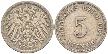 ГЕРМАНИЯ 5 ПФЕННИГОВ 1902 A, KM 11, J. 12 медно-никель 73-1535